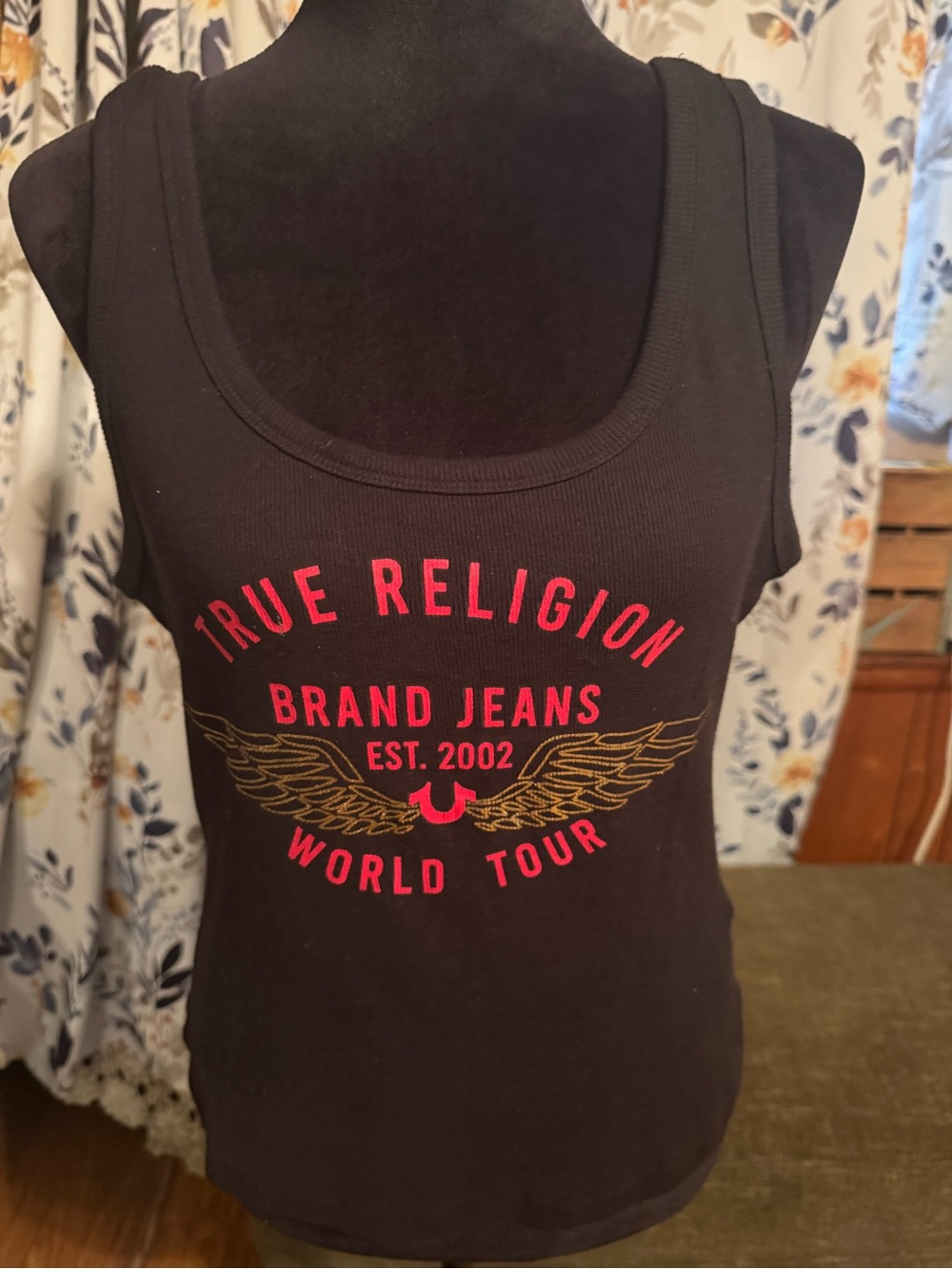 True Religion Black Tank with Red Logo & Gold Wing Graphic